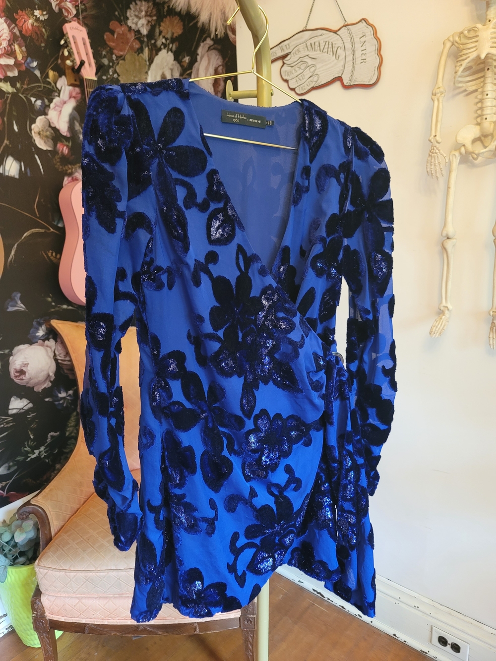 Revolve House Of Harlow Royal Blue Velvet Floral Wrap Dress
